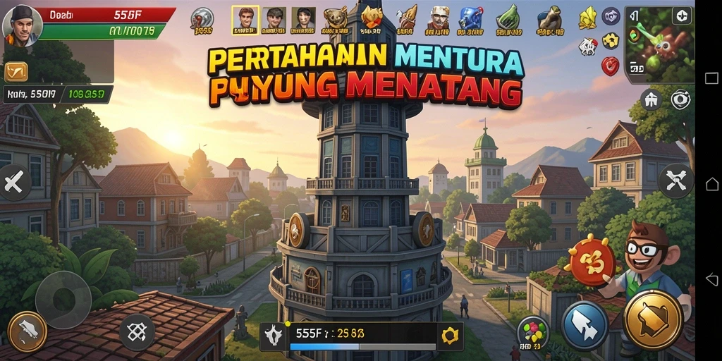 Tangkapan layar gameplay 555F menampilkan pertahanan menara yang epik dan musuh yang menyerang.