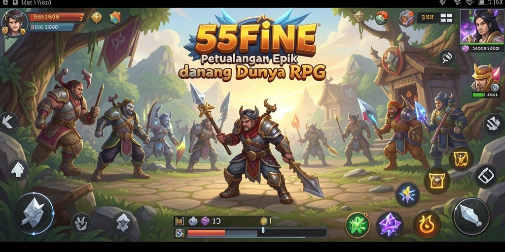 Screenshot utama 55FIVE menampilkan aksi pertempuran RPG yang mendebarkan.