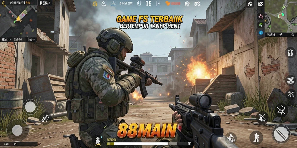Screenshot gameplay 88MAIN menampilkan aksi tembak-menembak yang intens.
