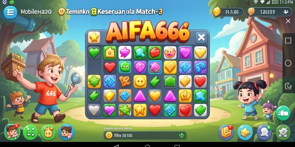 Screenshot menunjukkan gameplay seru dari AIFA66 dengan pencocokan item warna-warni.