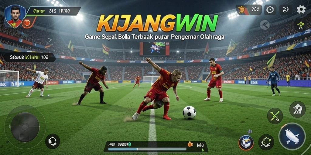 Tangkapan layar gameplay KIJANGWIN yang menampilkan aksi pertandingan sepak bola.