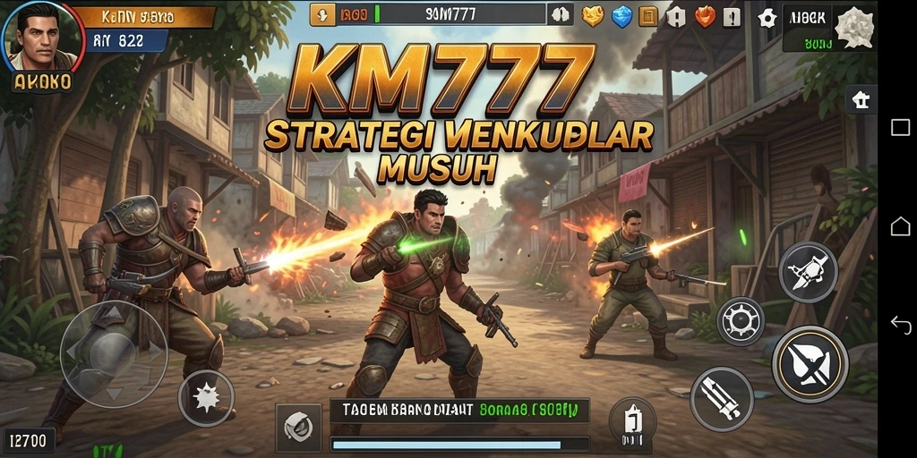 Screenshot utama KM777 menampilkan aksi pertempuran yang mendebarkan dengan elemen strategi.