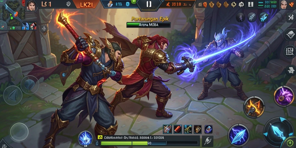 Tampilan gameplay <strong>LK21</strong> dengan pertarungan tim yang dinamis dan karakter unik.