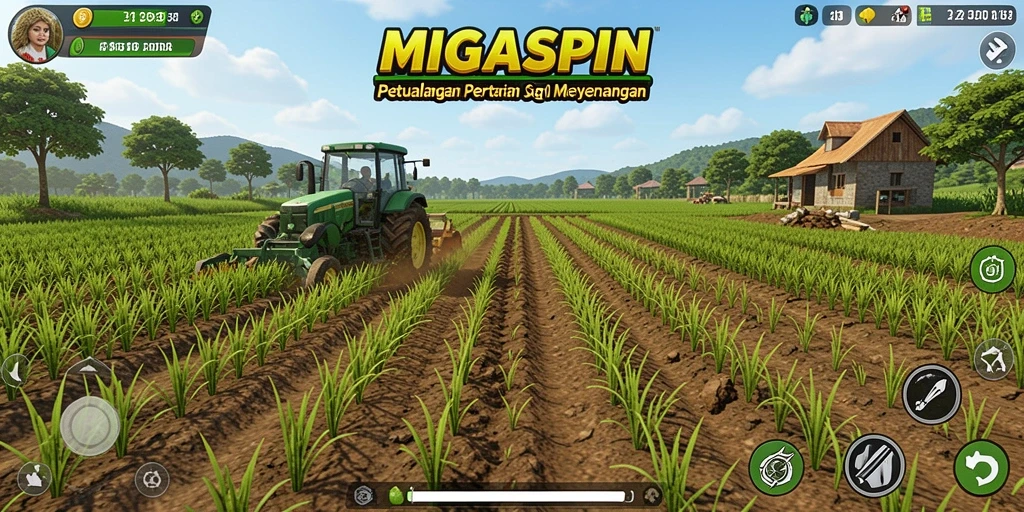 Tampilan gameplay MIGASPIN dengan aktivitas bertani yang menyenangkan.