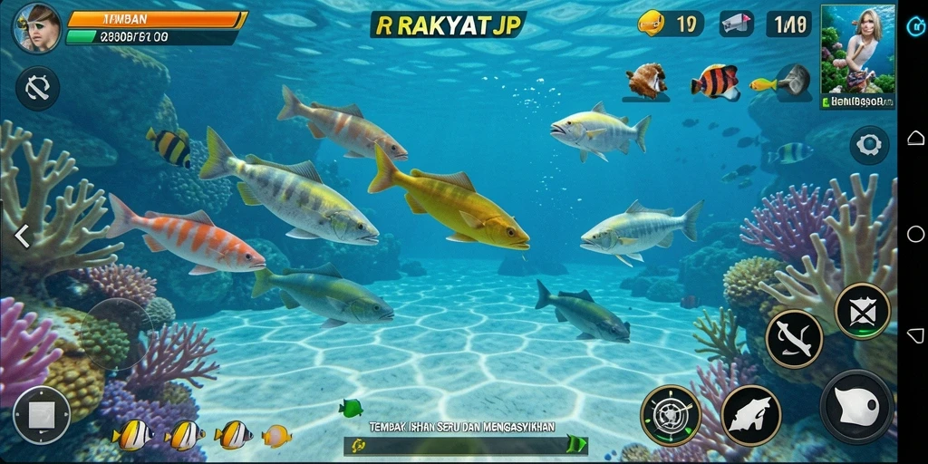 Screenshot RAKYATJP menampilkan aksi seru dalam Tembak Ikan.