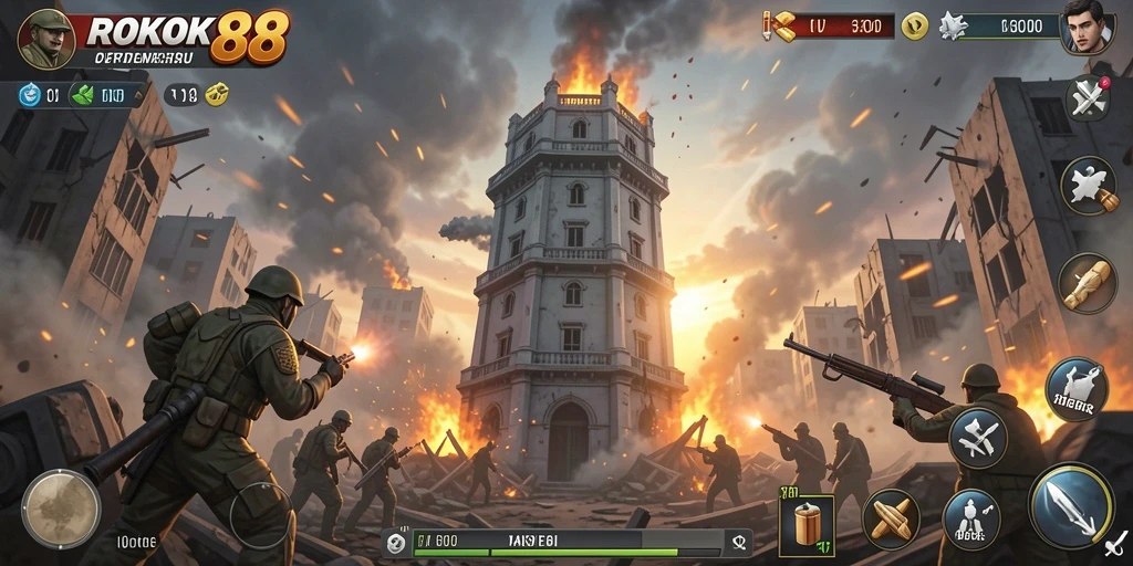 Screenshot gameplay ROKOK88 menampilkan aksi mendebarkan Tower Defense.