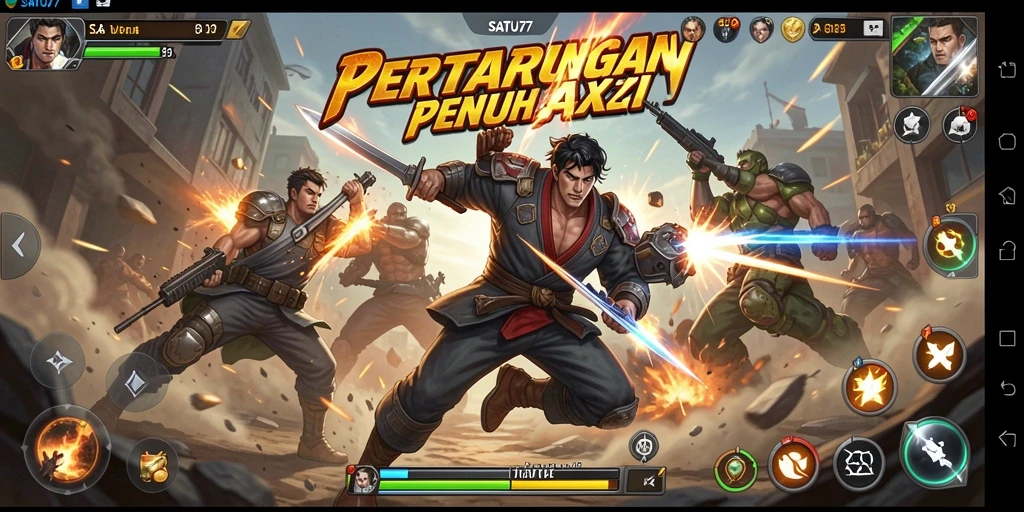 Tampilan aksi seru dalam SATU77 saat karakter bertarung di arena.